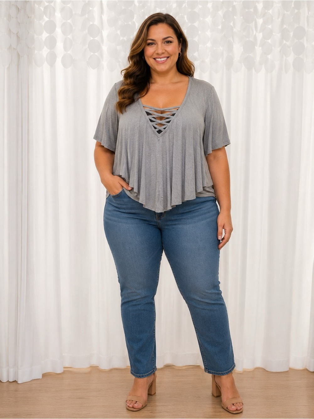 Womens short sleeve top with v neck lacing